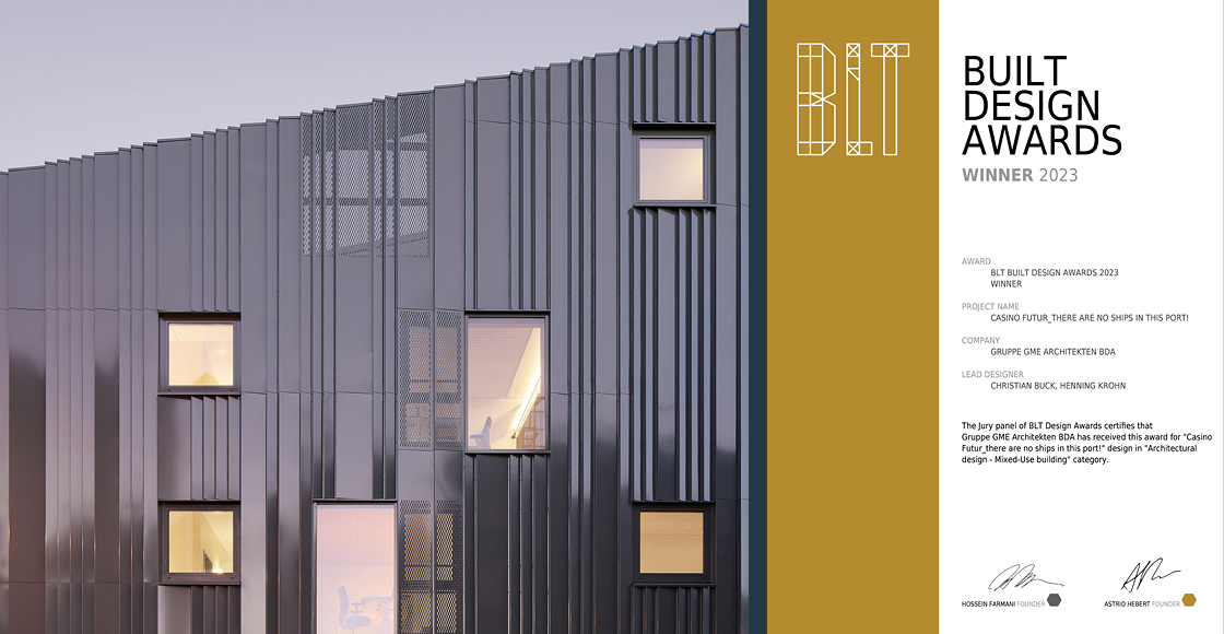 BLT Built Design Award 2023 - Urkunde und Foto vom casino Futur